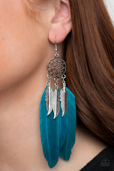 In Your Wildest DREAM-CATCHERS - Blue Feather Earrings